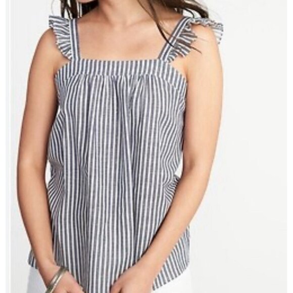 Old Navy Tops - Old Navy Shirt Womens Medium Linen Ruffle Trim Sleeveless Tank Top Blue Striped